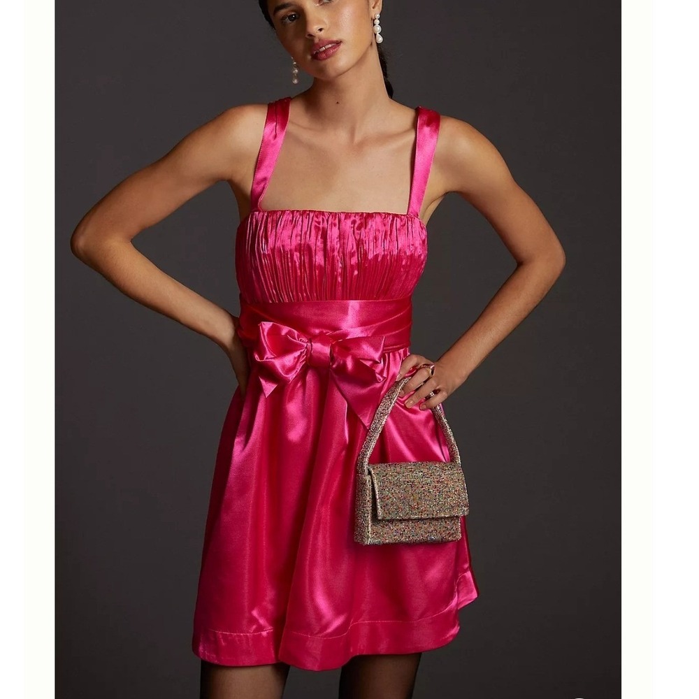 Maeve Bow Tie Satin Mini Dress Anthropologie Size 4 Hot Pink Coquette Party Prom